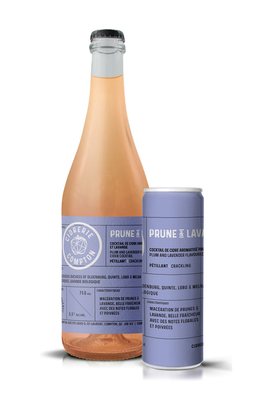 Prune et lavande, Cidrerie Compton, bouteille 750 ml et canette